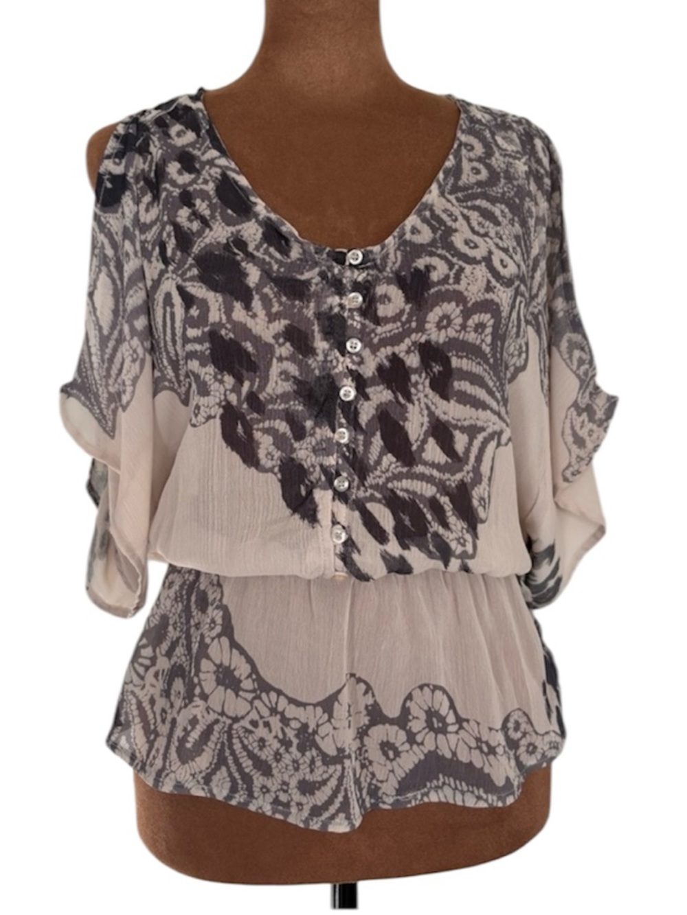 Johnny Martin Boho Paisley Chiffon Peplum Blouse Kimono Sleeve Cream Gray XS